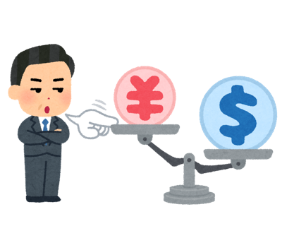 円とドルの天秤の横で口先介入をする人のイラスト