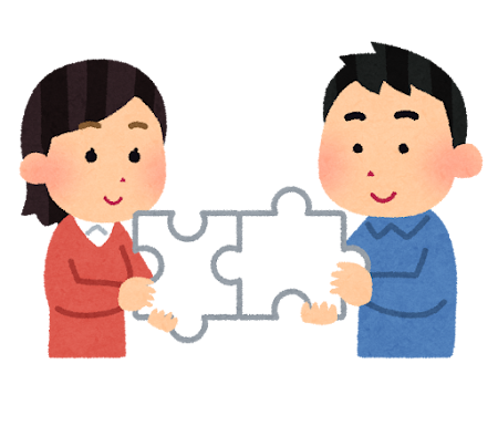 パズルのピースを組み合わせる二人のイラスト